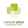 Four squares with different shades of green overlap to form a plus sign. Text reads, "Carpet Plus / Flooring & Home."